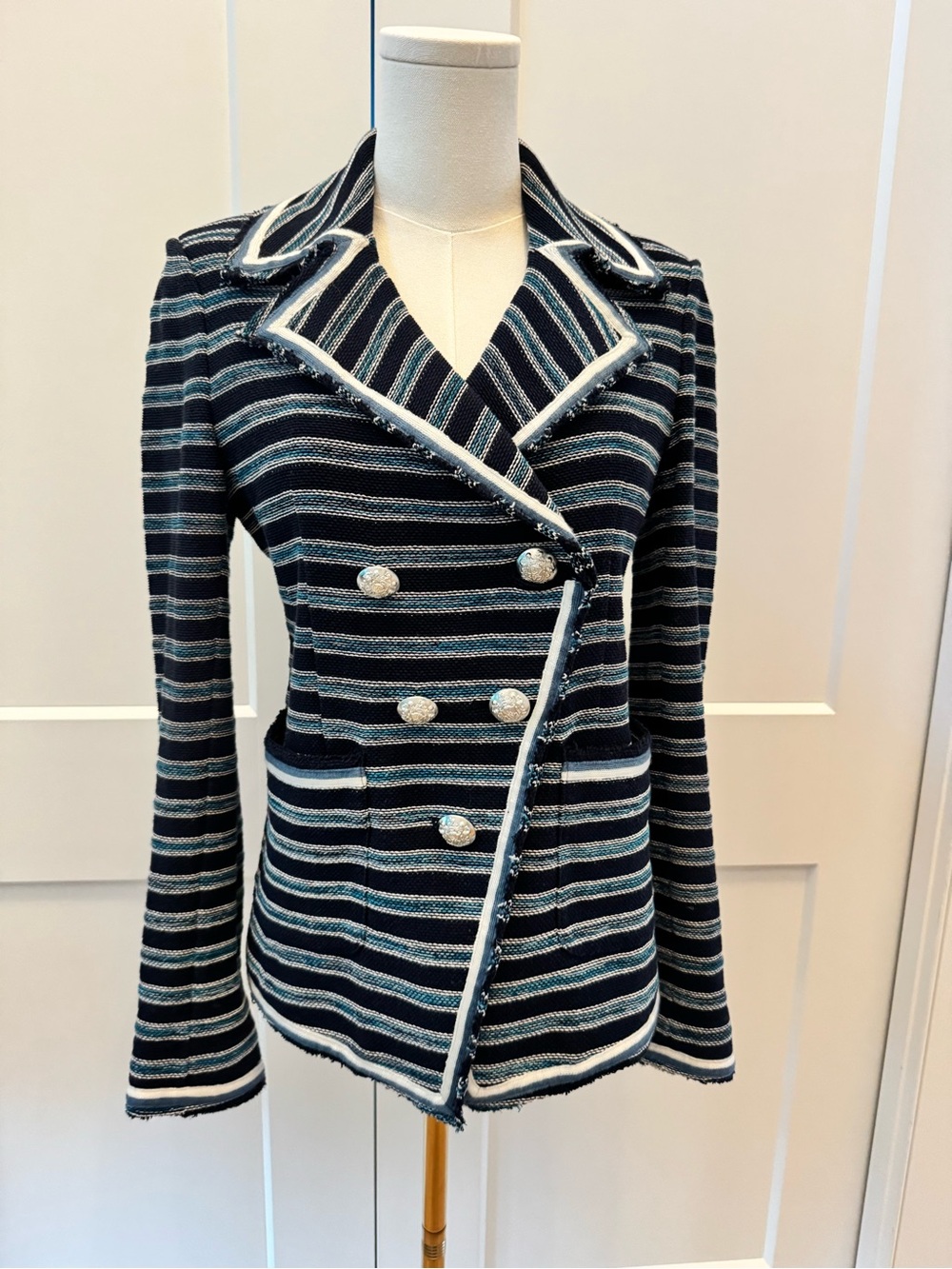 Veronica Beard Striped Double-Breasted Navy & White Knit Blazer.